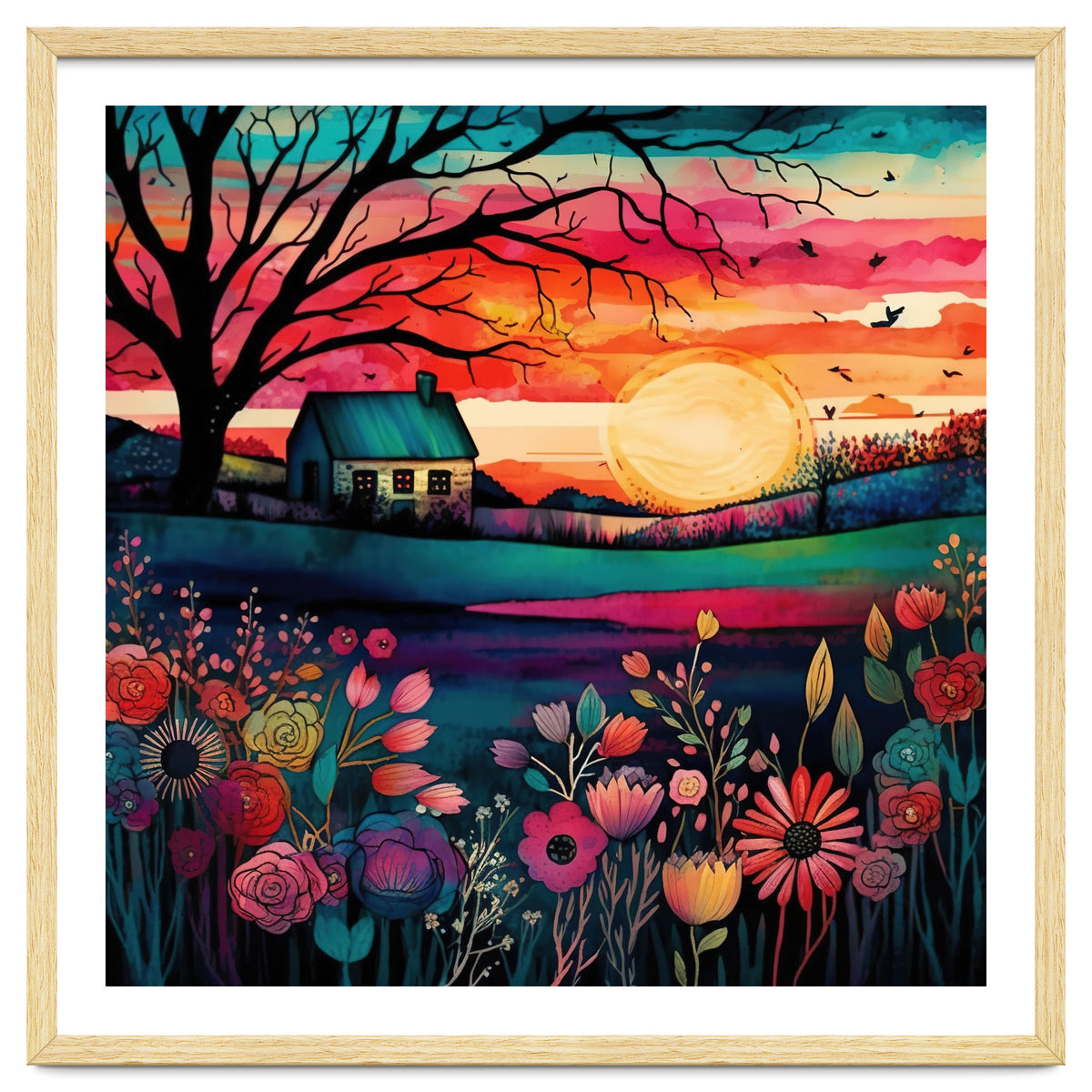 Watercolor Folk Art Sunset Landscape