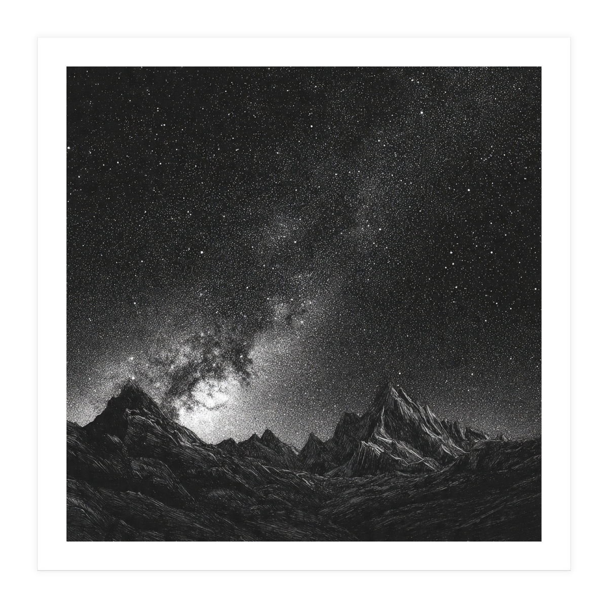 Starlit Mountain Majesty: Detailed Monochrome Milky Way (Print Only)