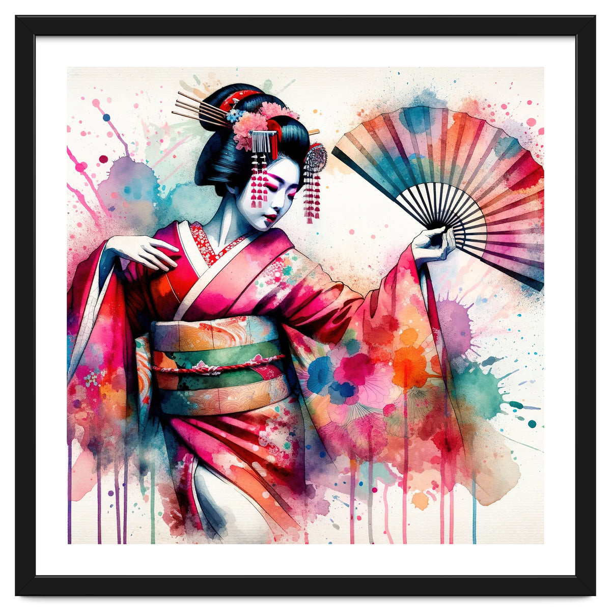 Vibrant Geisha With Rainbow Hand Fan