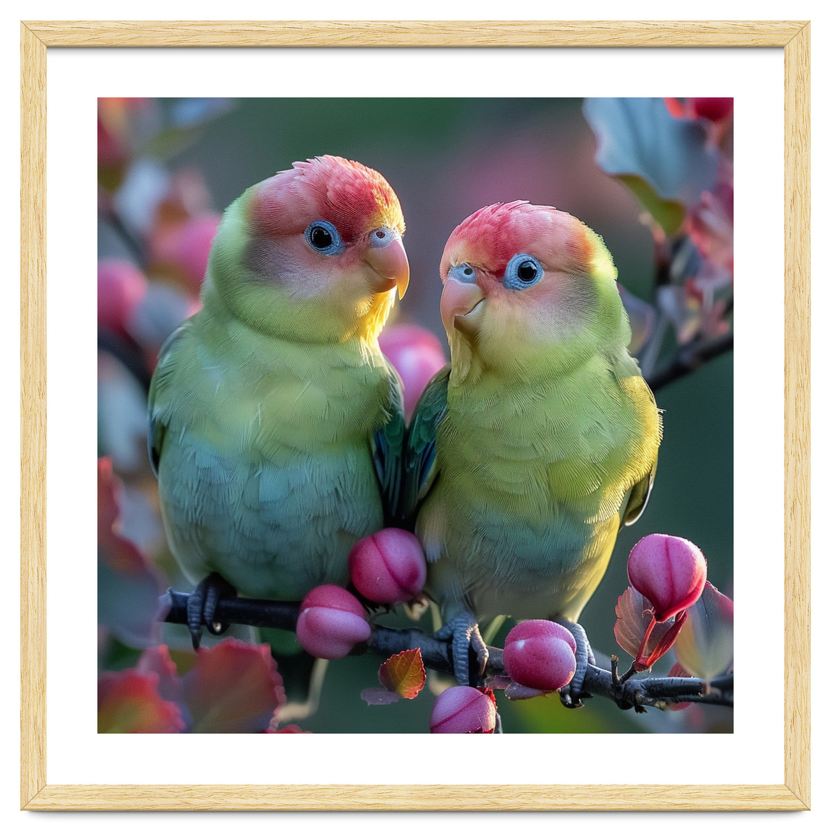 Two Lovebirds On A Branch Surrounded By Berries
