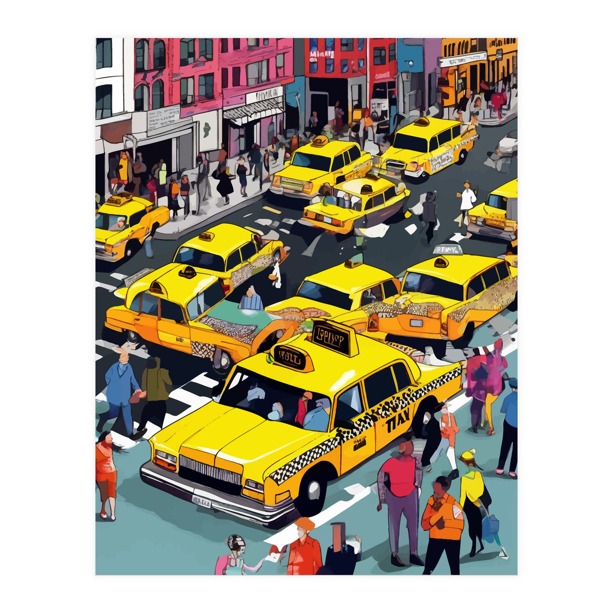 New York Minute, Yellow Taxi Cab Manhattan Downtown Busy Street, Traffic People Buildings Times Square Eclectic Road Architecture (Print Only)