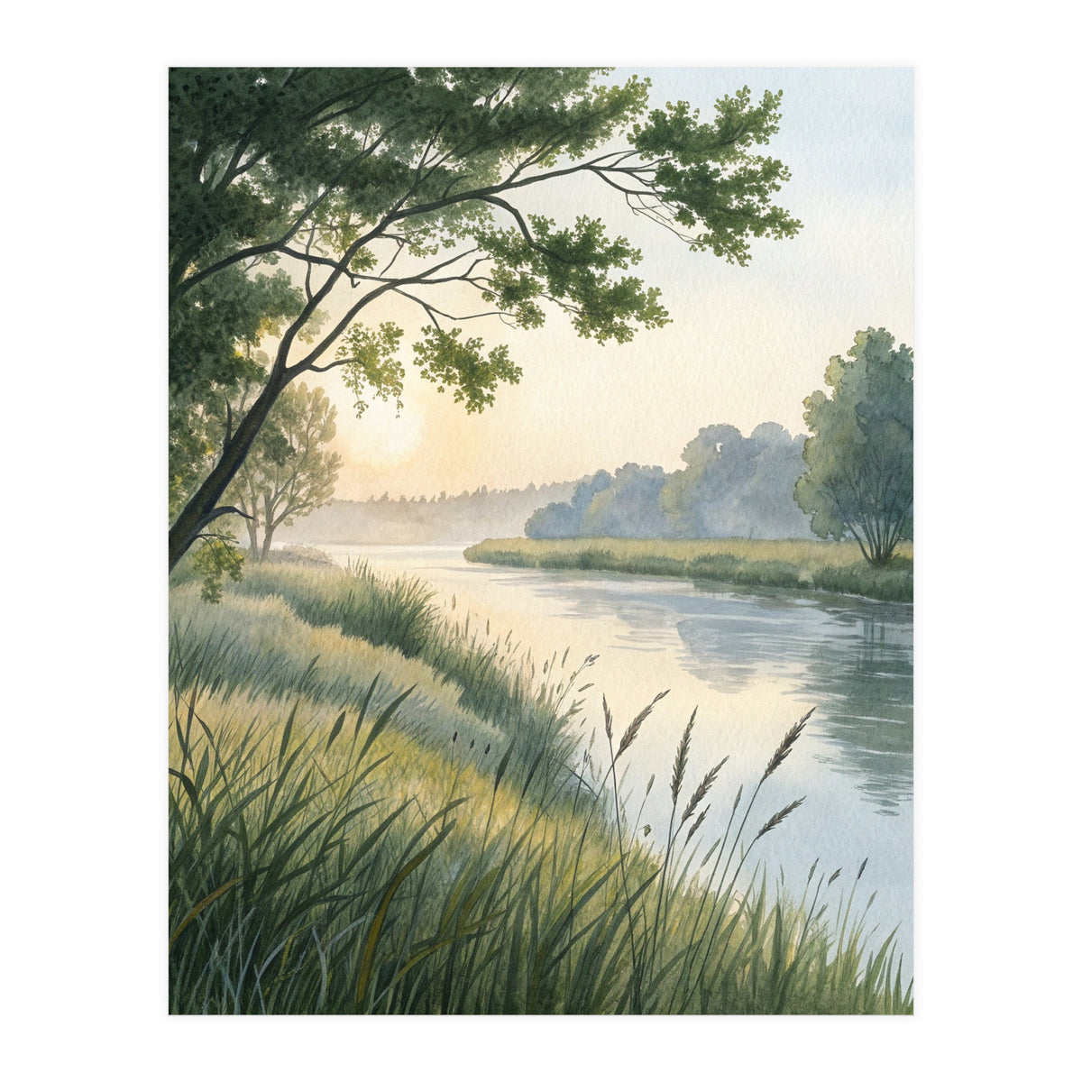 Serene River Sunrise Watercolor Painting with Meadow Grasses and Warm Golden Atmosphere Landscape (Print Only)