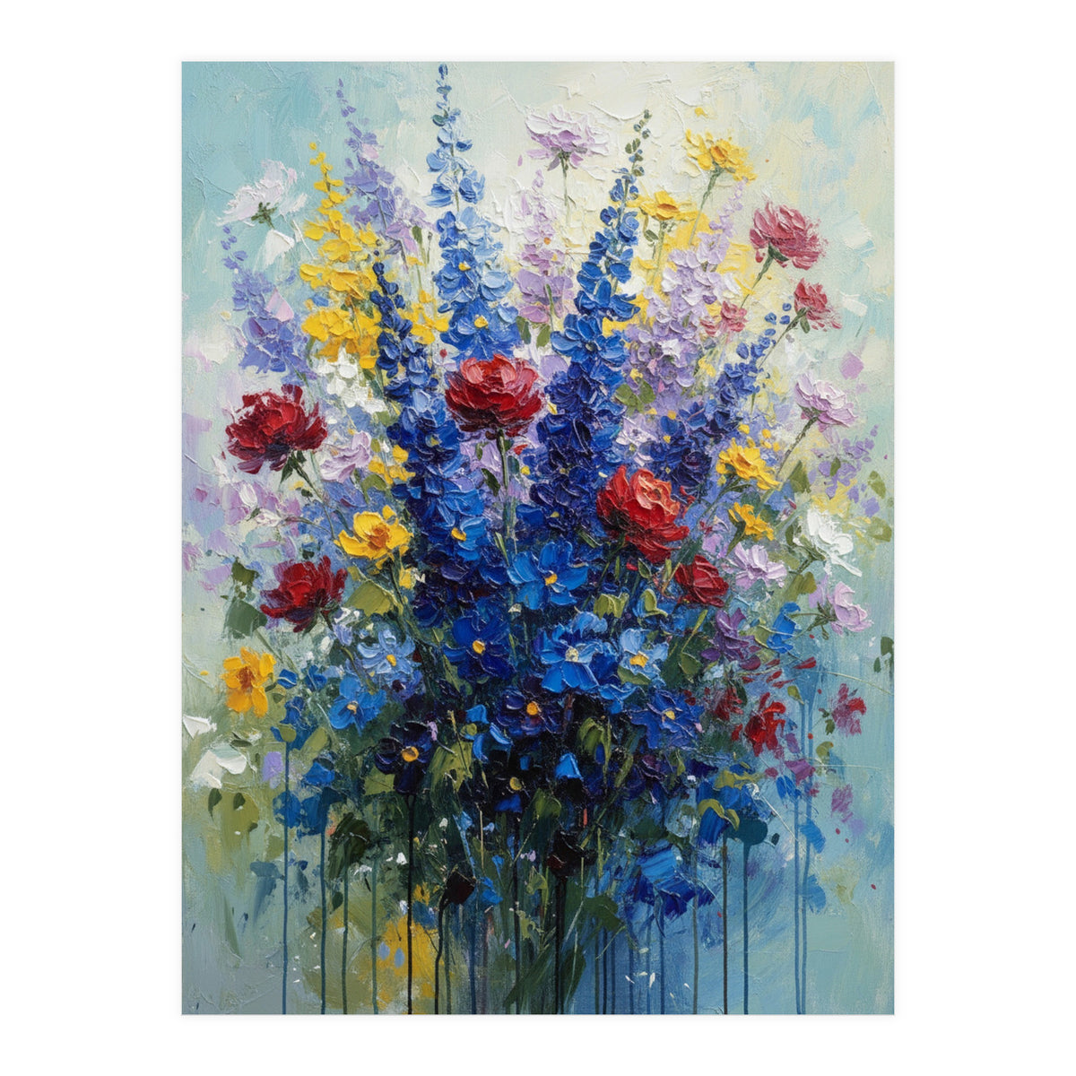 Vibrant Blue Delphinium and Red Rose Heavy Impasto Oil Painting (Print Only)