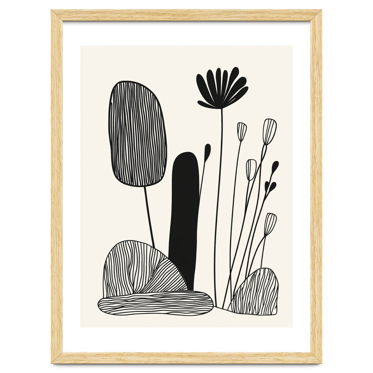 Abstract Black And White Botanical Illustration With Organic Shapes
