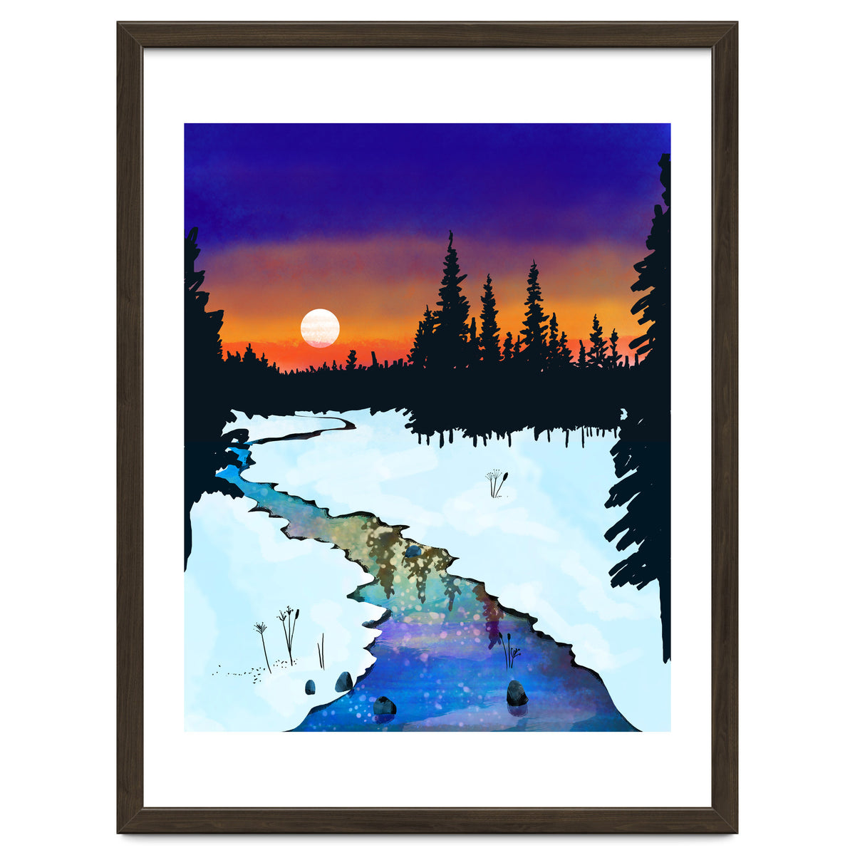 Purple Midnight, Snow River Full Moon Nature Landscape Painting, Winter Travel Adventure Places