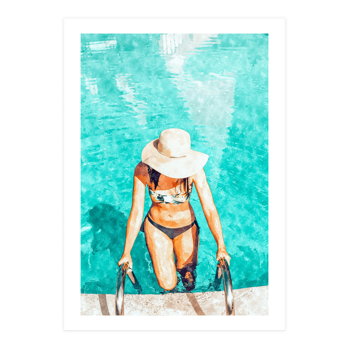 Pool Fashion | Modern Bohemian Woman Swim Watercolor Painting | Contemporary Travel (Print Only)