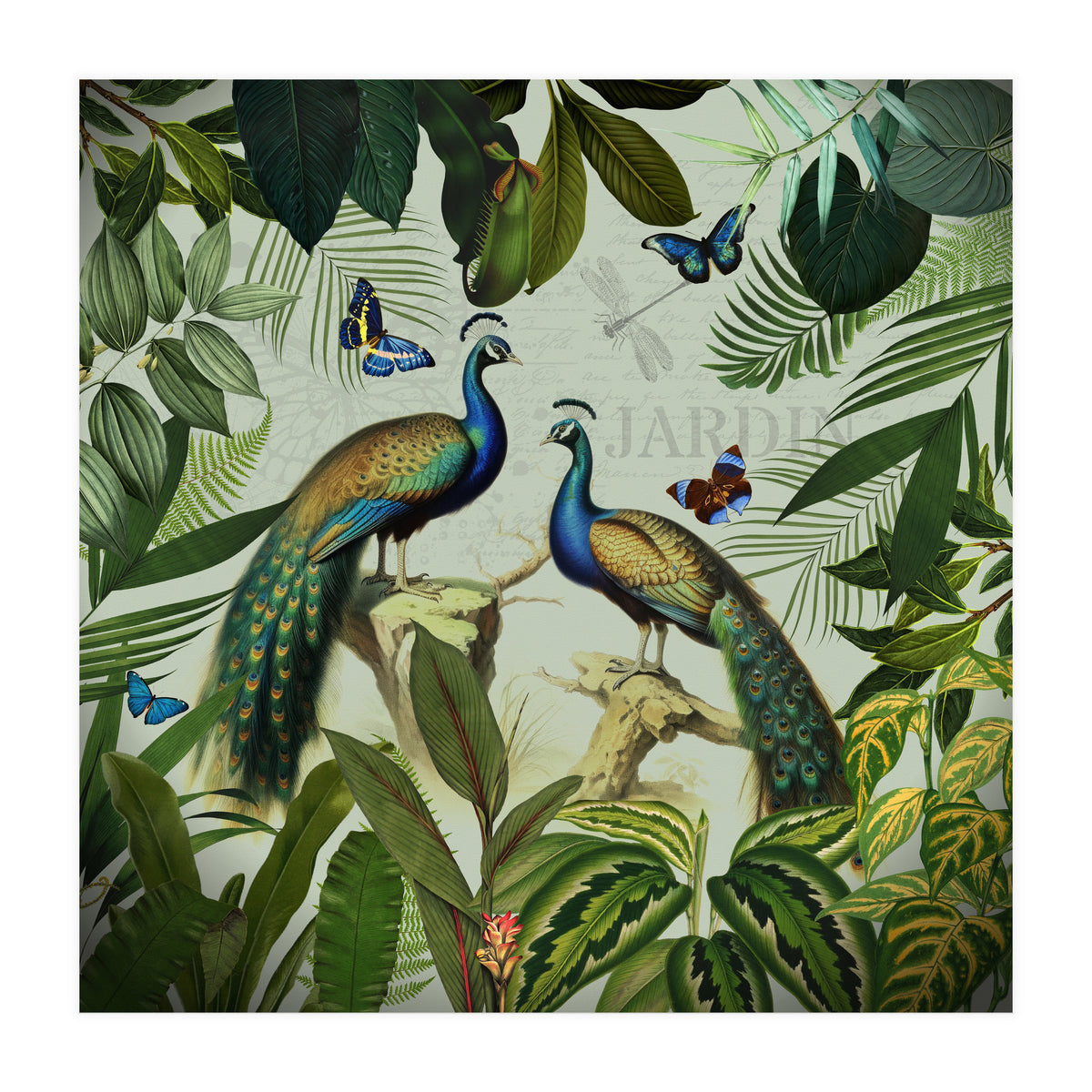 Vintage Exotic Asian Peacocks In Tropical Jungle Landscape (Print Only)