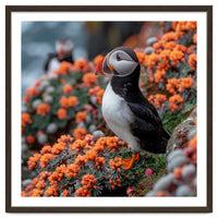 Atlantic Puffin Bird Perched On Orange Flowers