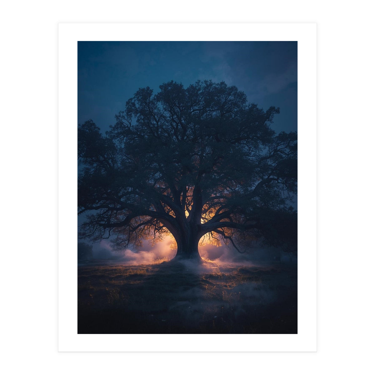 Ancient Mystical Oak Silhouette at Twilight with Ethereal Wisps (Print Only)