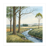 Pastoral Countryside Watercolor Painting with Winding Stream Meadows and Deciduous Trees Landscape (Print Only) thumbnail