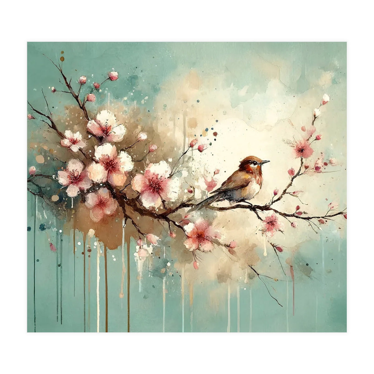 Bird Resting On Cherry Blossom Branch (Print Only)