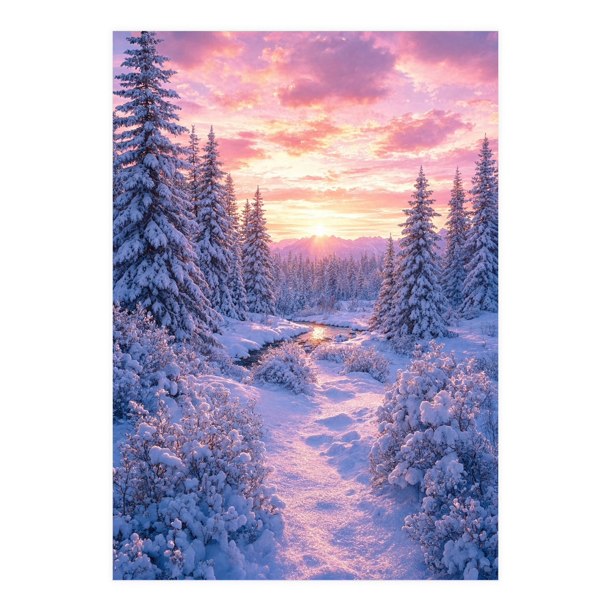 Winter Sunset Glow: Serene Snowy Forest and Frozen Creek (Print Only)
