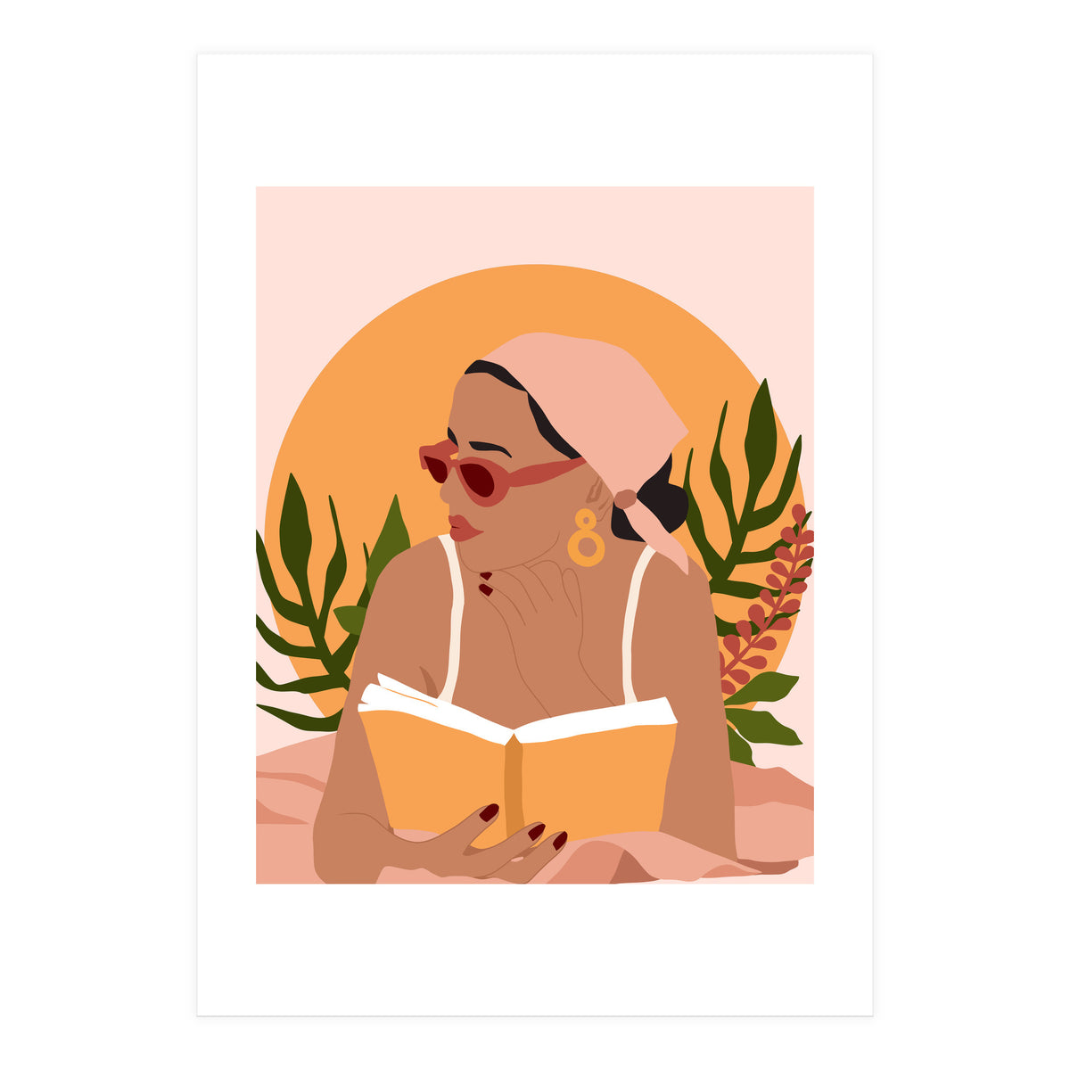 Bohemian Summer, Modern Boho Girl Reader, Books Read Self Care Self Love, Travel Hippie Nomad Black Woman (Print Only)