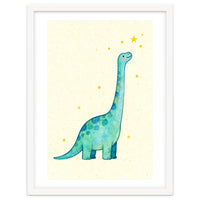 Cute Brontosaurus Watercolor Art, Whimsical Dinosaur Nursery Print, Starry Dino Illustration