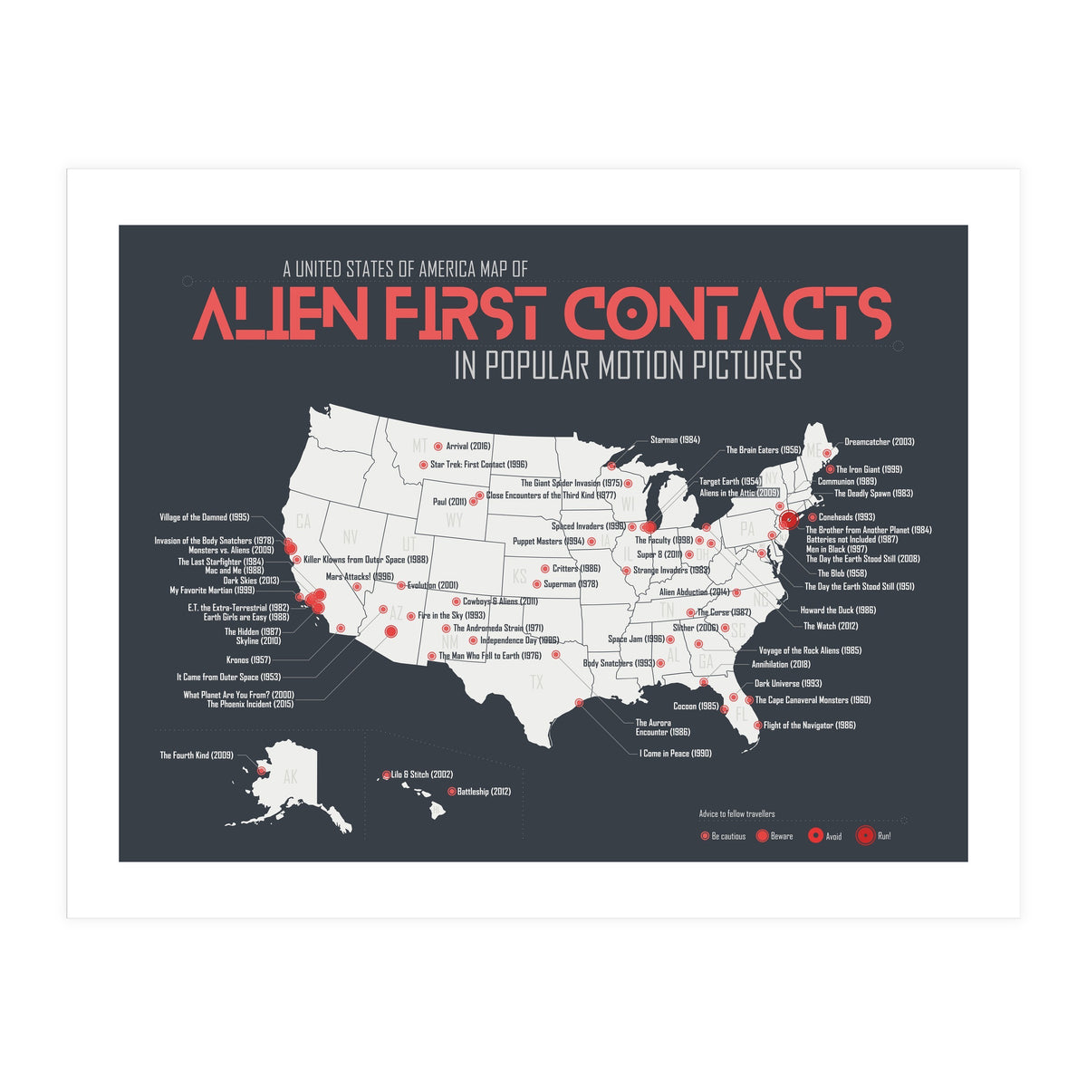 USA Map of Alien First Contacts in Movies (Print Only)