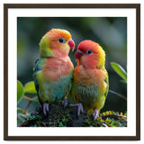 Lovebirds Pair Perched On Mossy Branch Outdoors thumbnail