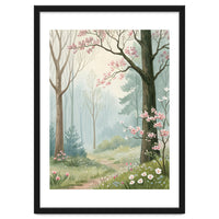 Enchanted Spring Woodland Path with Blooming Cherry Blossoms and Misty Pastel Forest Atmosphere