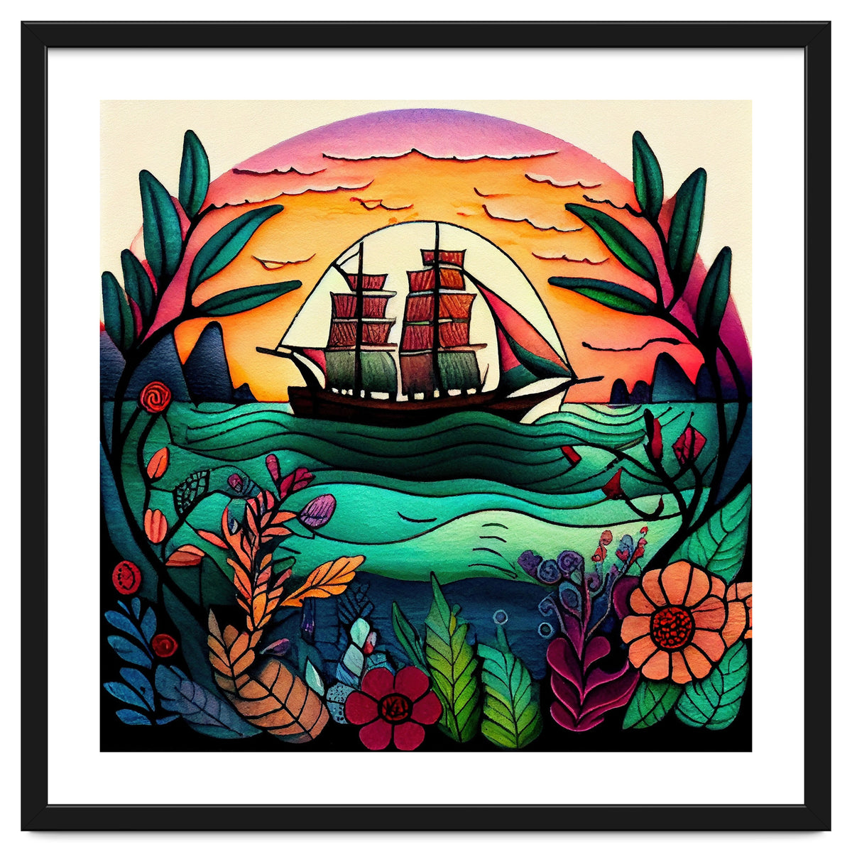 Folk Sunset Sailing Ship