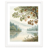 Tranquil Lakeside Forest Watercolor Painting with Overhanging Autumn Branches and Misty Mountain Reflection thumbnail