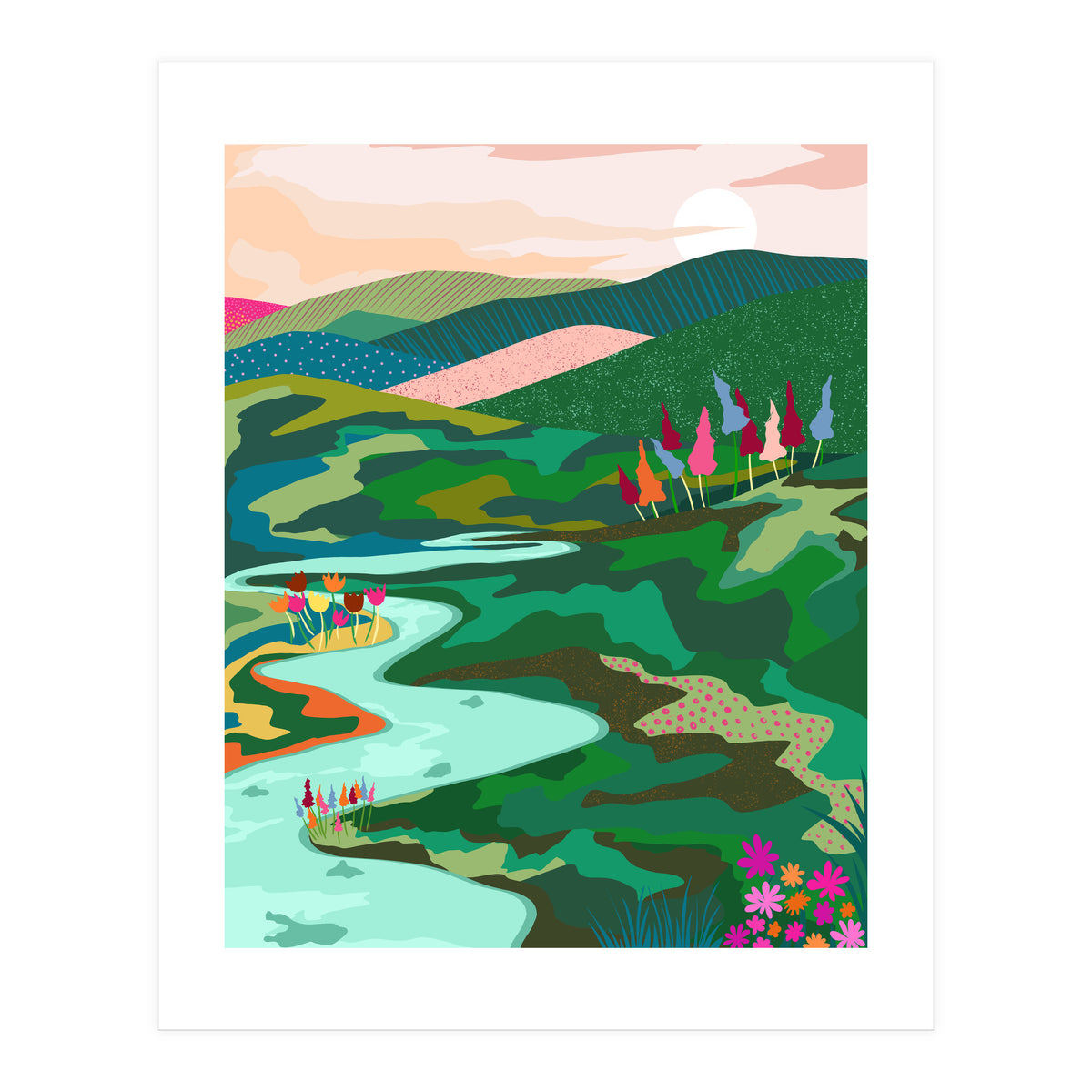 Endless Love, Bohemian Nature Landscape Scenic Meadow, Eclectic Colorful Travel Forest Mountains Sunset (Print Only)