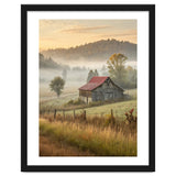 Rustic Red Roof Barn in Misty Morning Valley Landscape thumbnail