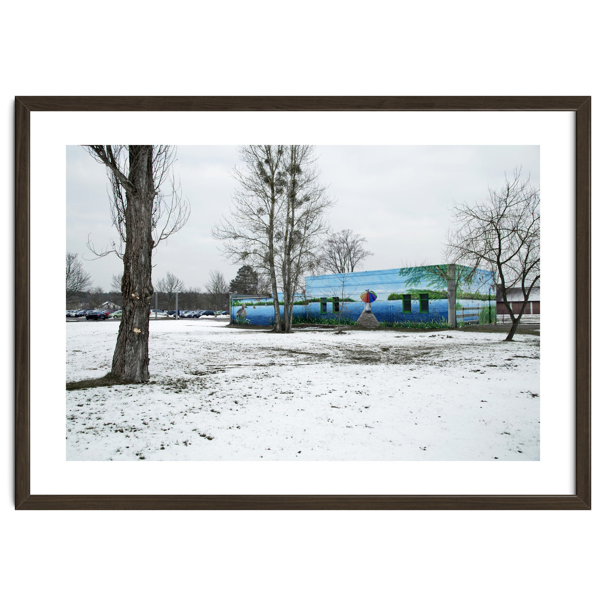 Colorful barn in the snowy ground landscape