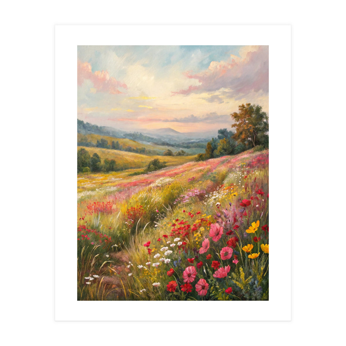 Serene Wildflower Meadow at Sunset Oil Painting (Print Only)