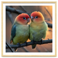 Two Lovebirds Perched On A Branch At Sunset