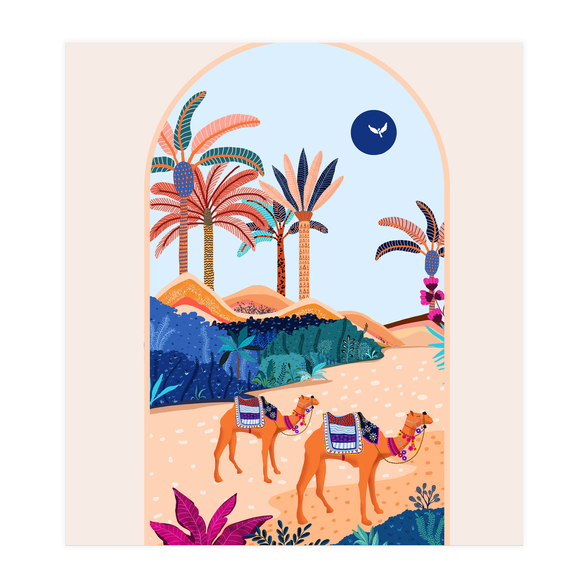 The Arabian Desert, Nature Landscape Travel Illustration, Camels Eclectic Sand Dunes Dubai Palm, Sahara Middle East Hot Summer Animals Bohemian (Print Only)