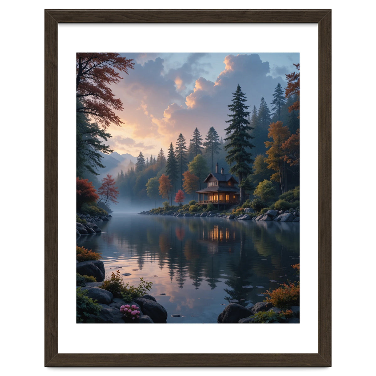 Serene Lakeside Retreat in Autumn Forest