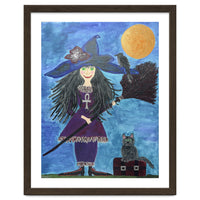 Cassandra, the Little Witch, with Merlin, the cat, and Circe, the Raven