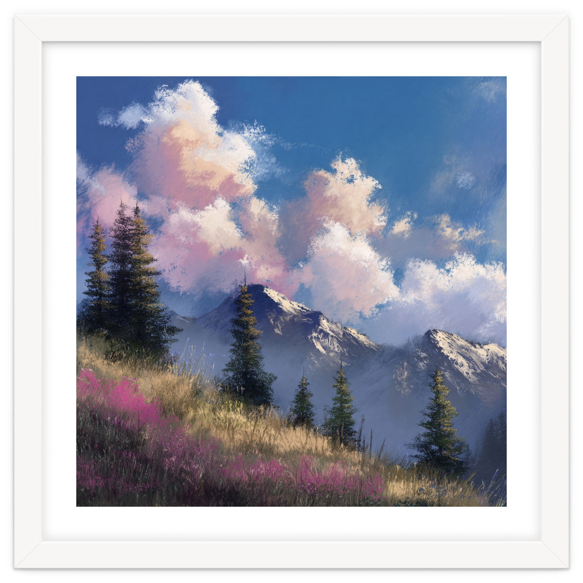 Alpine Summer Meadow with Vibrant Wildflowers and Snow
