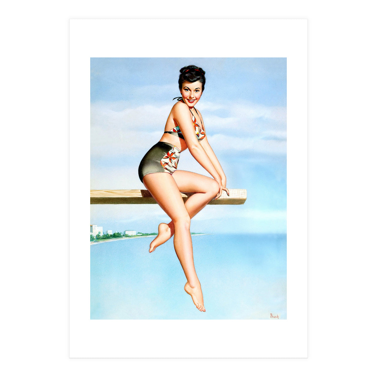 Smiling Sexy Pinup Girl Posing On A Board (Print Only)