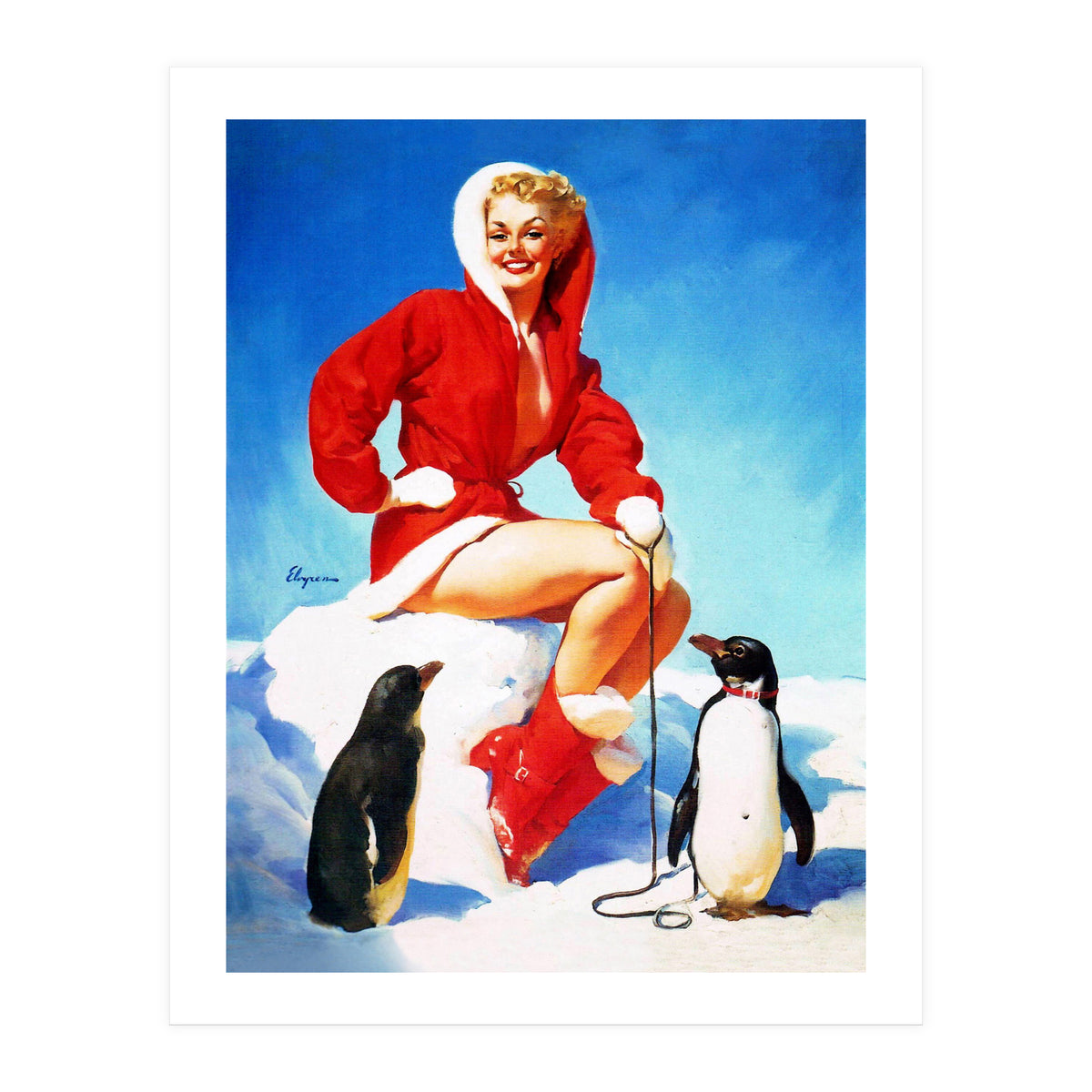 Pinup Sexy Woman Posing With Two Penguins (Print Only)