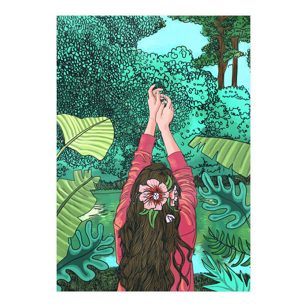 Comic Book Jungle | Tropical Banana Leaves Travel | Line Art Forest Botanical Illustration (Print Only)