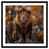 Majestic Lion Sitting On A Rock In Autumn Forest