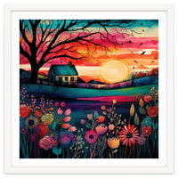 Watercolor Folk Art Sunset Landscape