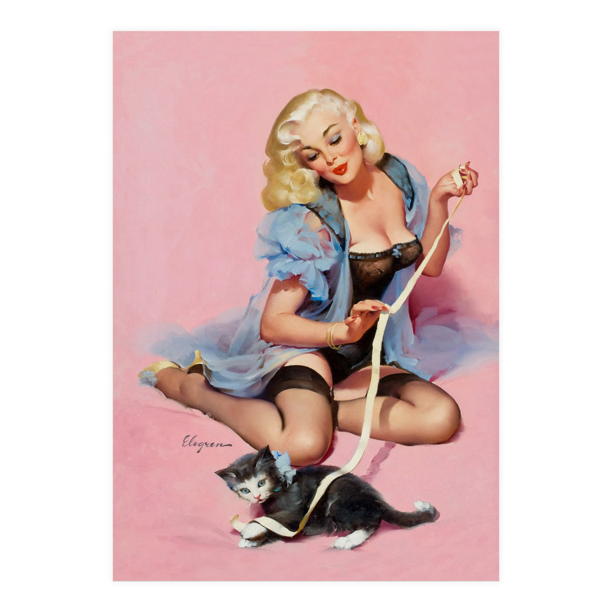 Sexy Pinup Girl Playing With Her Cat (Print Only)