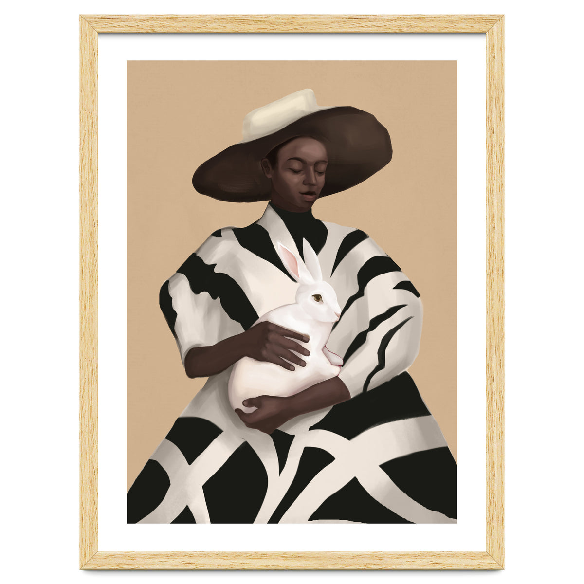 Woman In Stripes Holding A White Rabbit