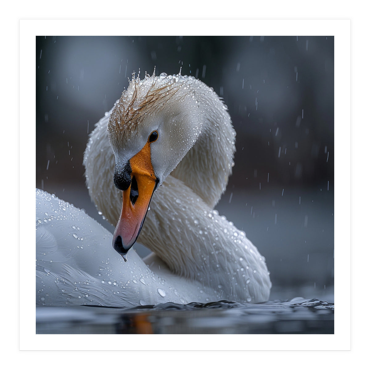 White Swan Bird With Water Droplets In Rain (Print Only)