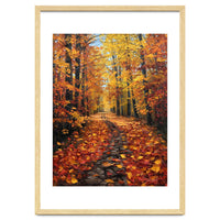 Sun-Drenched Golden Forest Path with Vibrant Autumn Foliage
