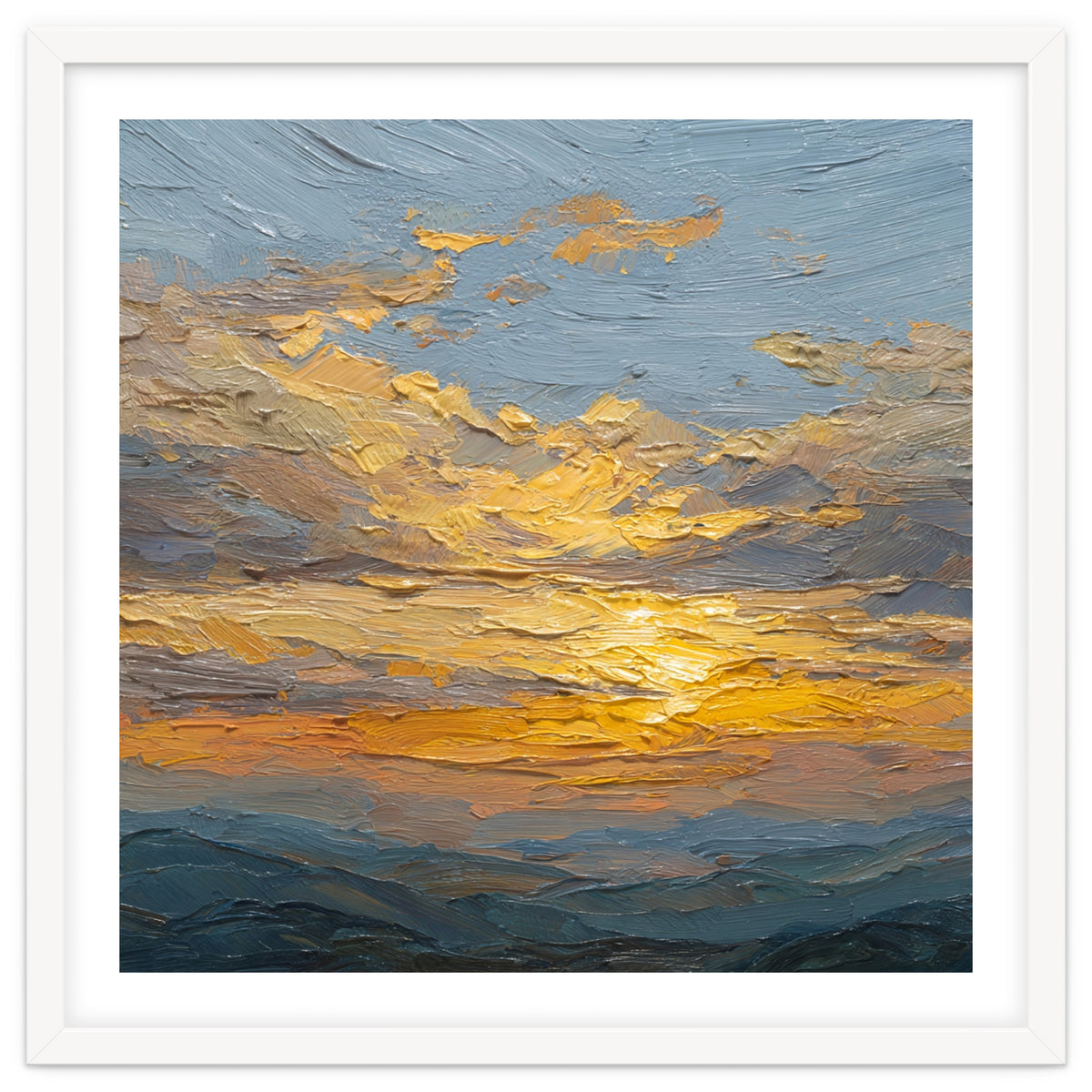 Atmospheric Golden Sunset Impasto Oil Painting Featuring Textured Clouds