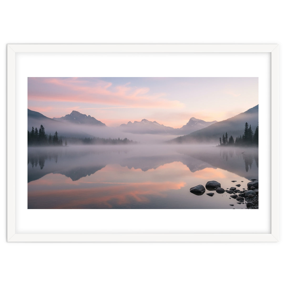 Misty Morning Reflection: Serene Alpine Lake