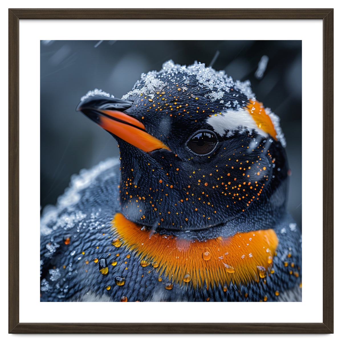 Close Up Penguin In Snow With Water Droplets