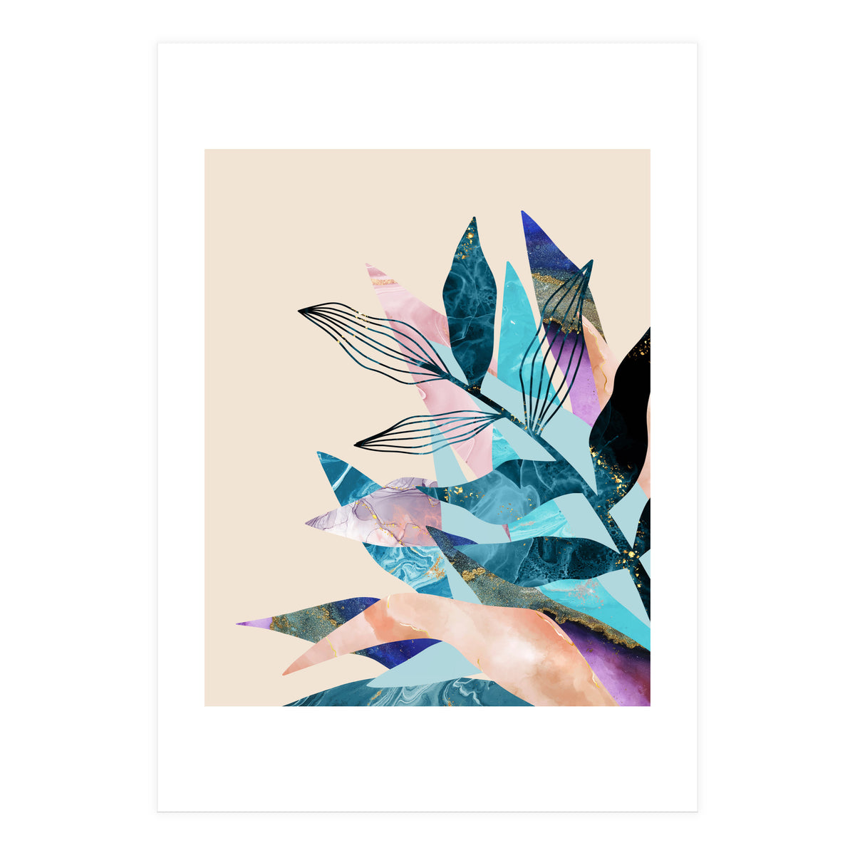 Marble Fantasy, Luxe Abstract Texture Botanical Concept, Eclectic Graphic Design Bohemian Contemporary (Print Only)