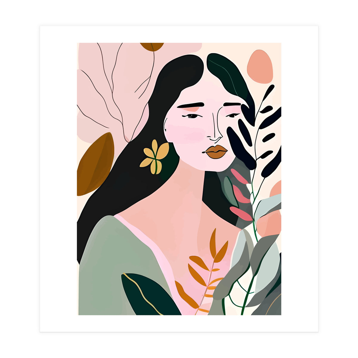 Reinvent, Beautiful Woman Girl Pastel Line Art, Minimal Botanical Nature Portrait, Modern Bohemian Drawing Nomadic Summer Self Love (Print Only)