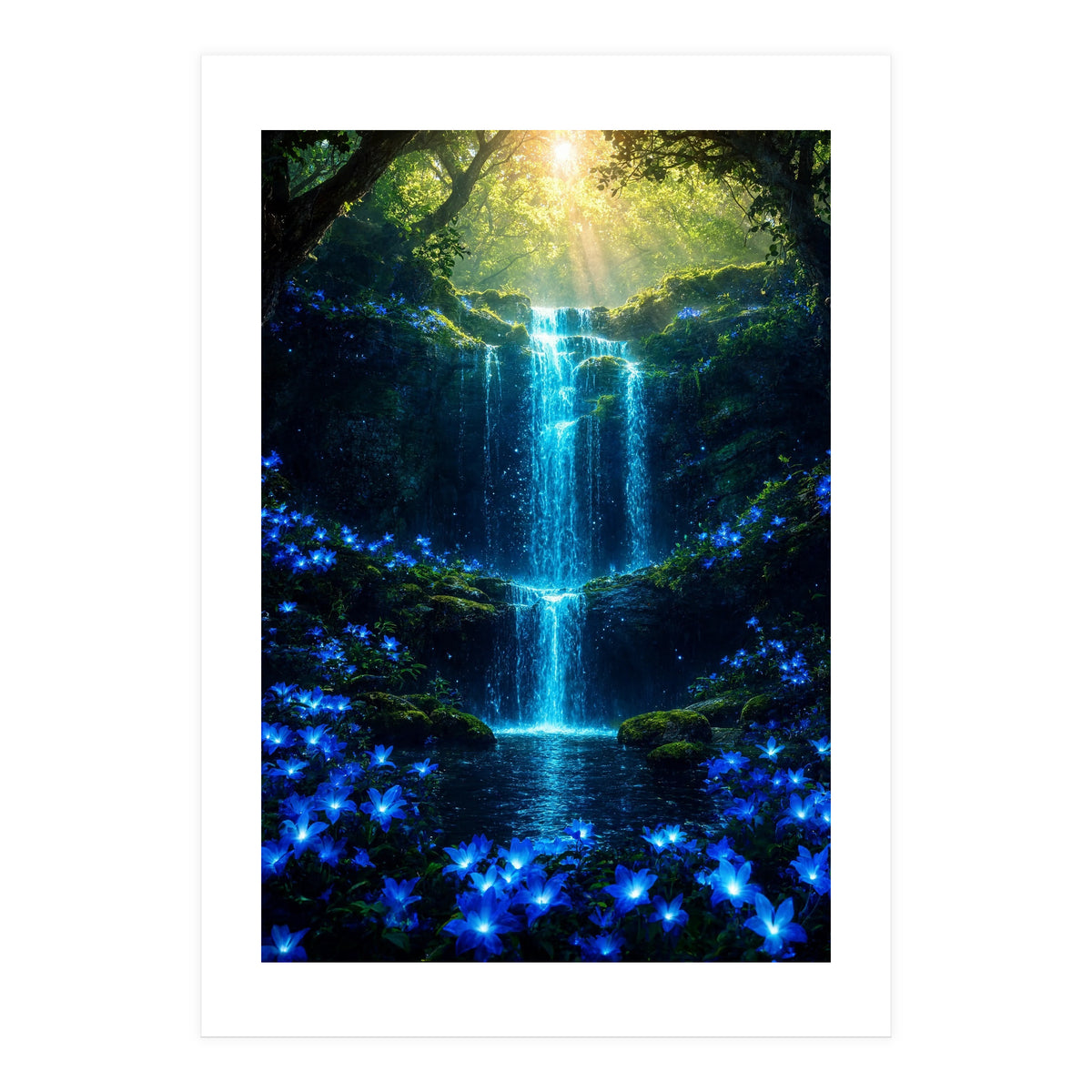 Ethereal Blue Waterfall: Magical Forest Oasis (Print Only)