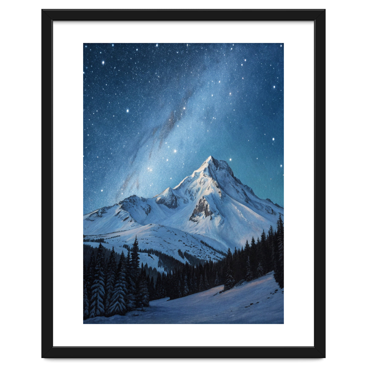 Majestic Snow-Capped Mountain Peak Under a Brilliant Starry Night Sky