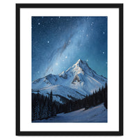 Majestic Snow-Capped Mountain Peak Under a Brilliant Starry Night Sky