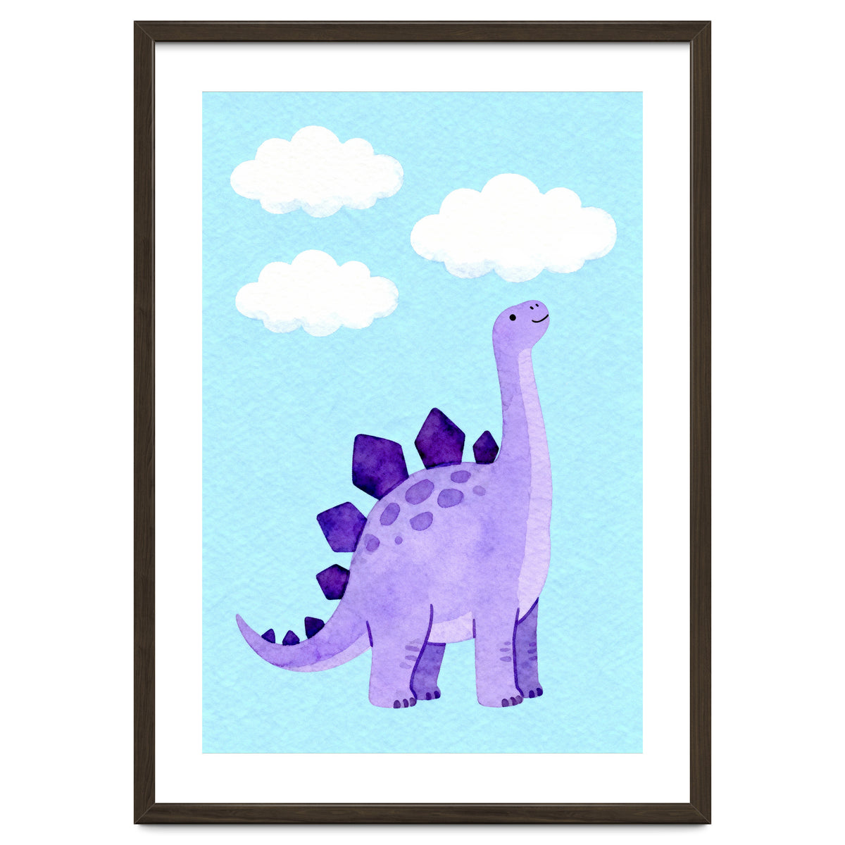 Purple Stegosaurus Watercolor Art, Cute Dinosaur Nursery Print, Dino and Clouds Illustration